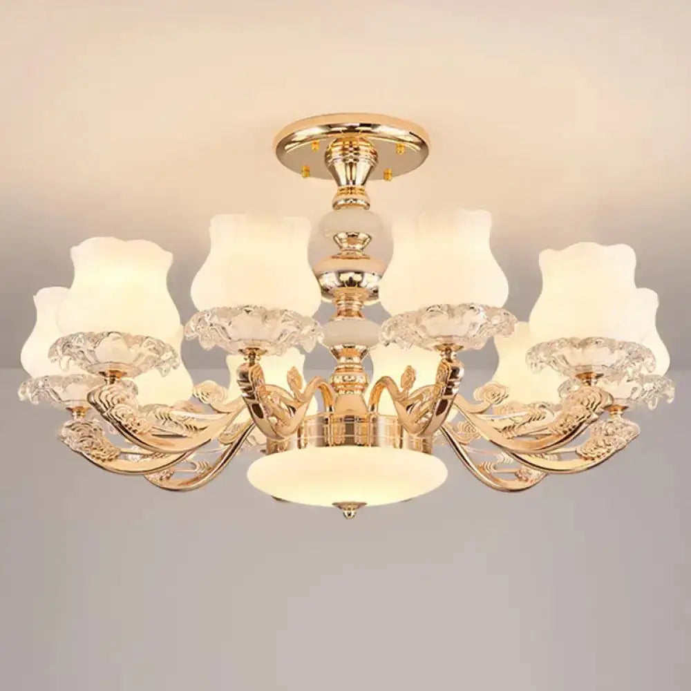 Gold Flower Semi-Mount Ceiling Light With Opal Glass Shade For Simple Living Room Elegance 10 /