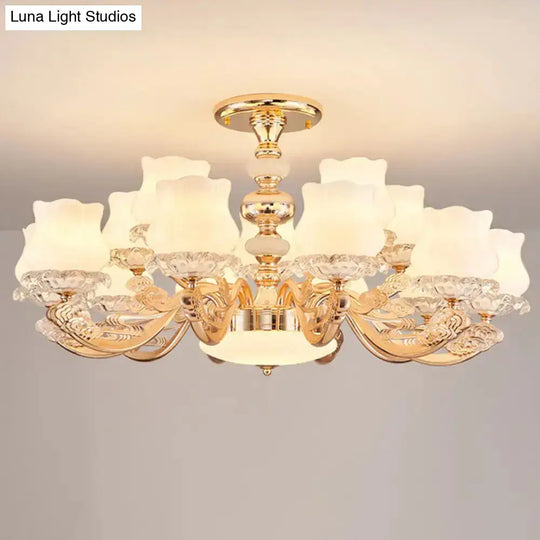 Gold Flower Semi-Mount Ceiling Light With Opal Glass Shade For Simple Living Room Elegance