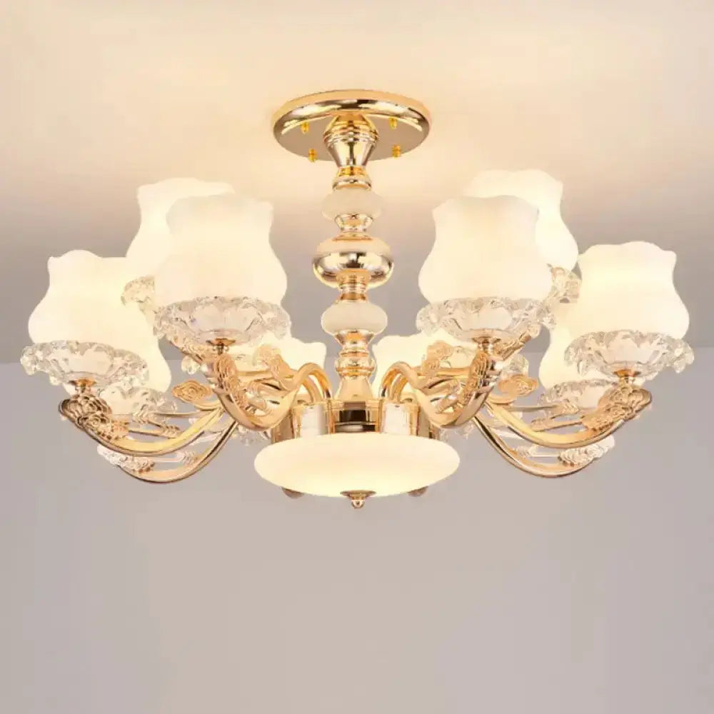 Gold Flower Semi-Mount Ceiling Light With Opal Glass Shade For Simple Living Room Elegance 12 /