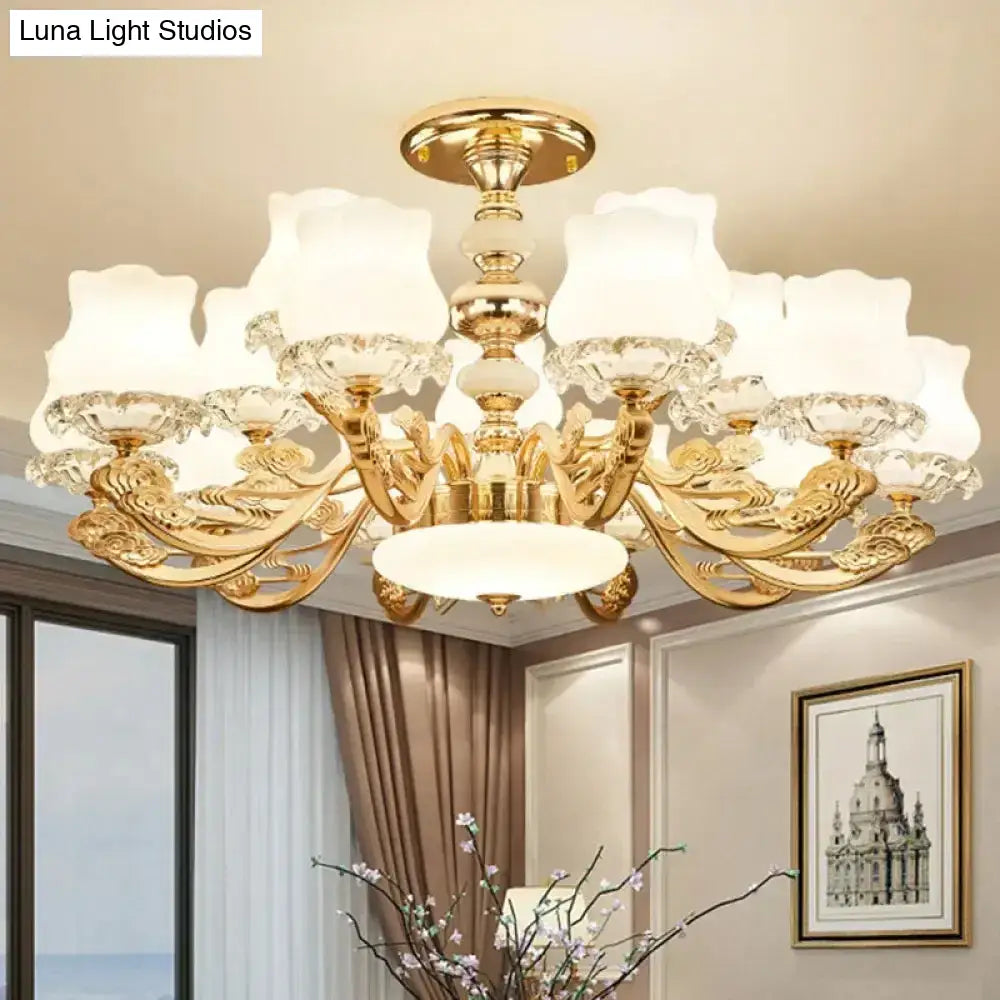 Gold Flower Semi-Mount Ceiling Light With Opal Glass Shade For Simple Living Room Elegance