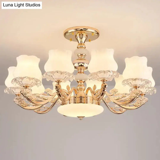 Gold Flower Semi-Mount Ceiling Light With Opal Glass Shade For Simple Living Room Elegance