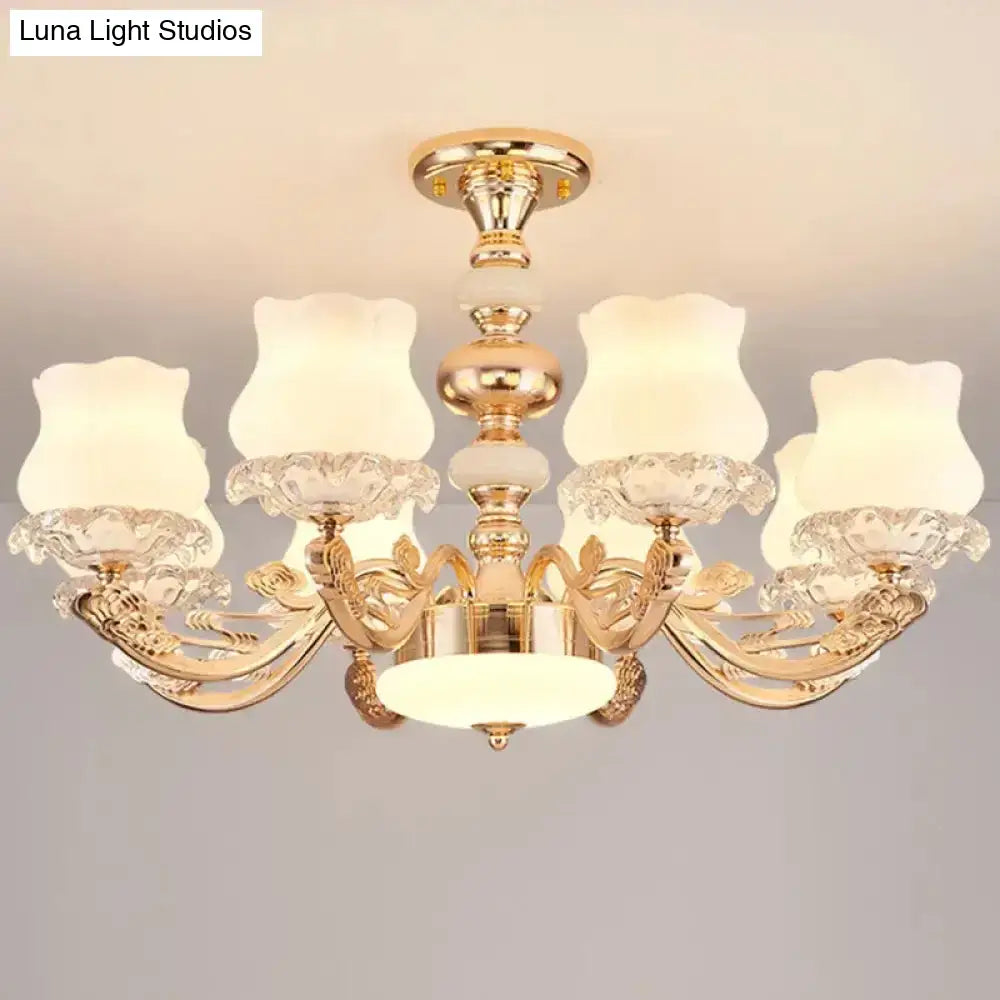 Gold Flower Semi-Mount Ceiling Light With Opal Glass Shade For Simple Living Room Elegance