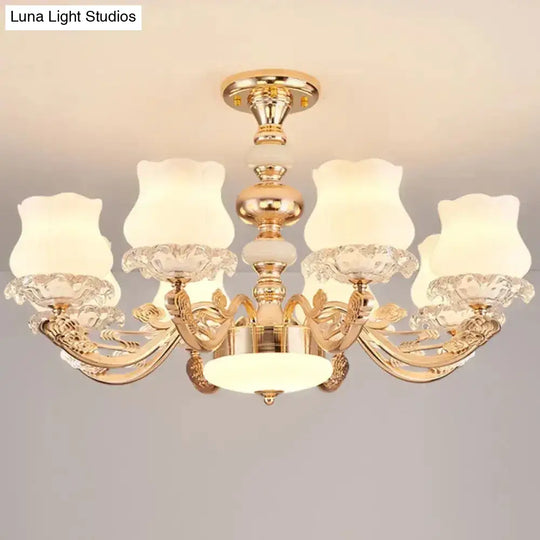 Gold Flower Semi-Mount Ceiling Light With Opal Glass Shade For Simple Living Room Elegance