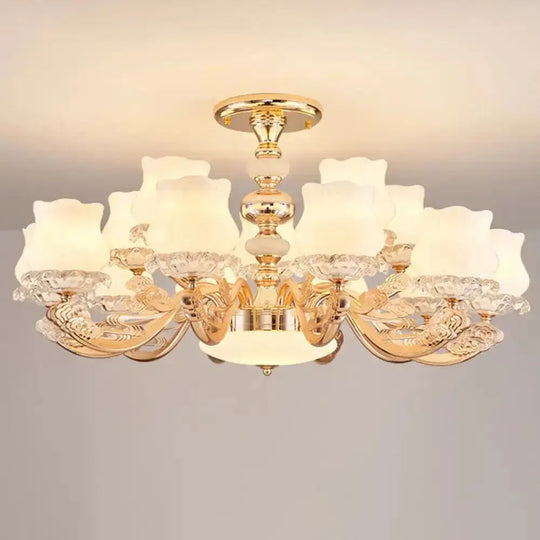 Gold Flower Semi-Mount Ceiling Light With Opal Glass Shade For Simple Living Room Elegance 15 /