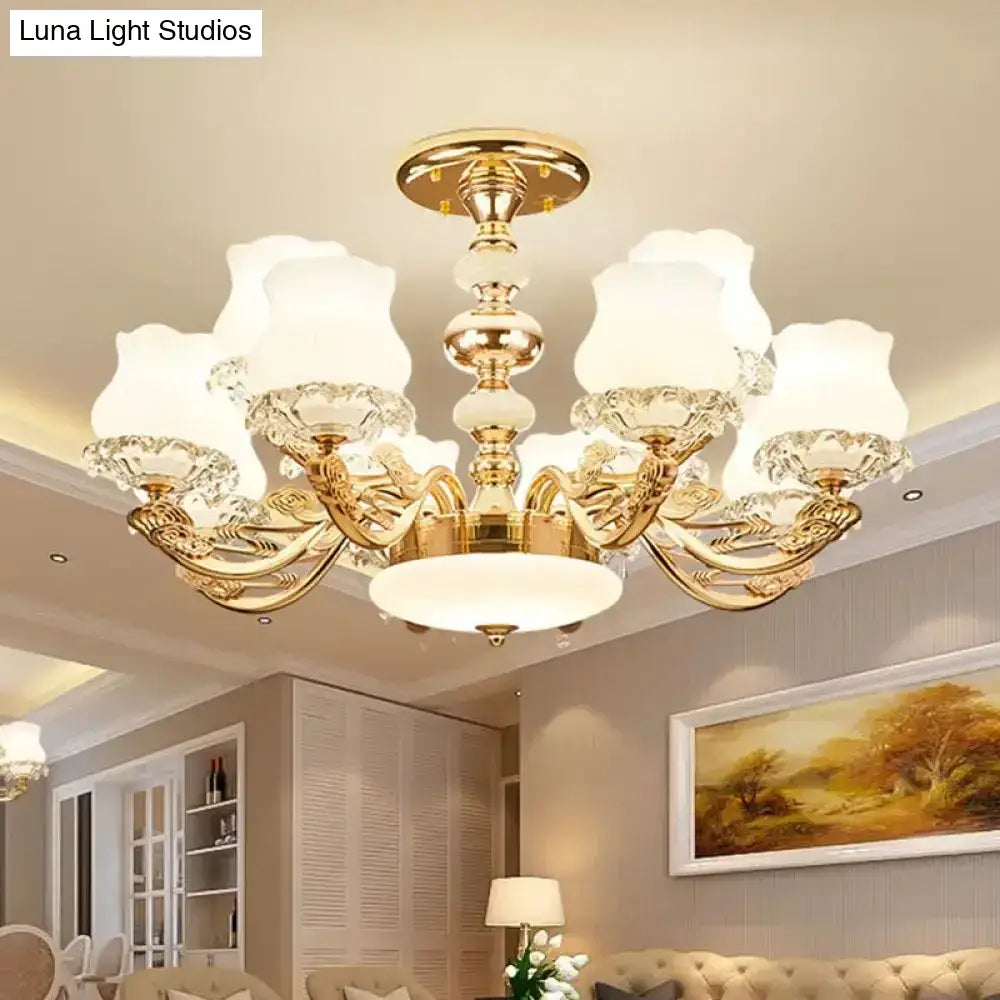 Gold Flower Semi-Mount Ceiling Light With Opal Glass Shade For Simple Living Room Elegance