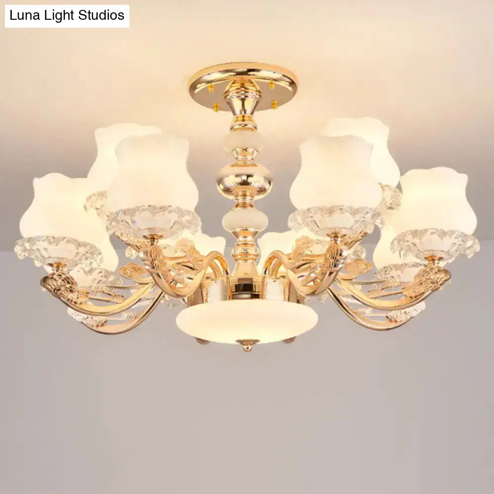 Gold Flower Semi-Mount Ceiling Light With Opal Glass Shade For Simple Living Room Elegance