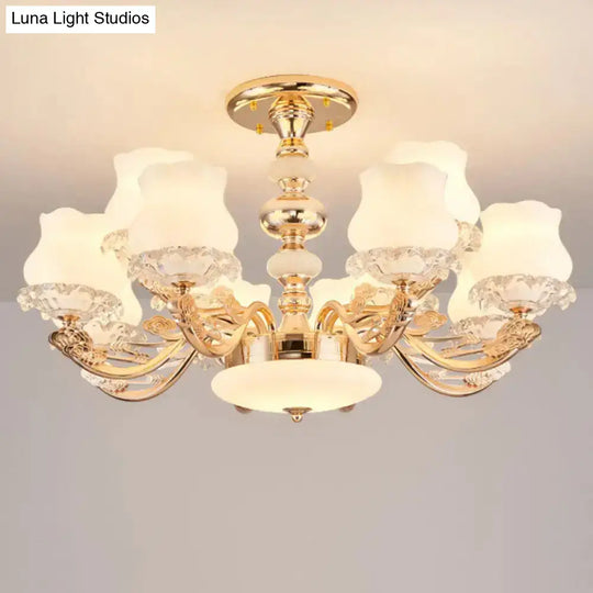 Gold Flower Semi-Mount Ceiling Light With Opal Glass Shade For Simple Living Room Elegance