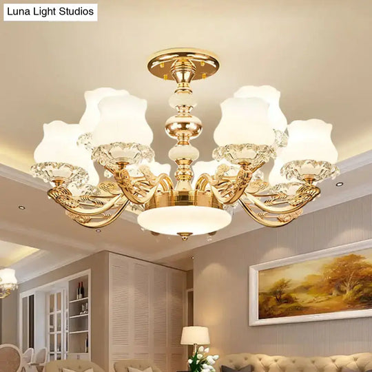 Gold Flower Semi-Mount Ceiling Light With Opal Glass Shade For Simple Living Room Elegance