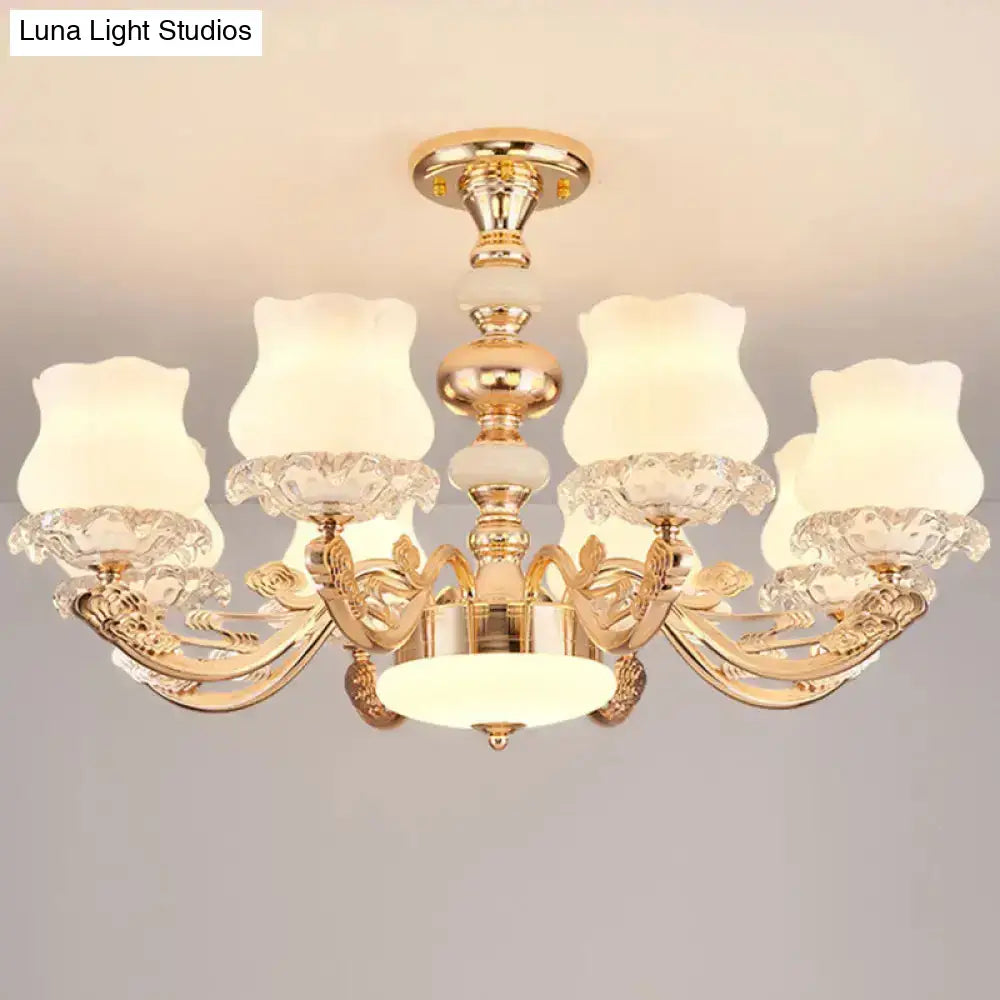 Gold Flower Semi-Mount Ceiling Light With Opal Glass Shade For Simple Living Room Elegance