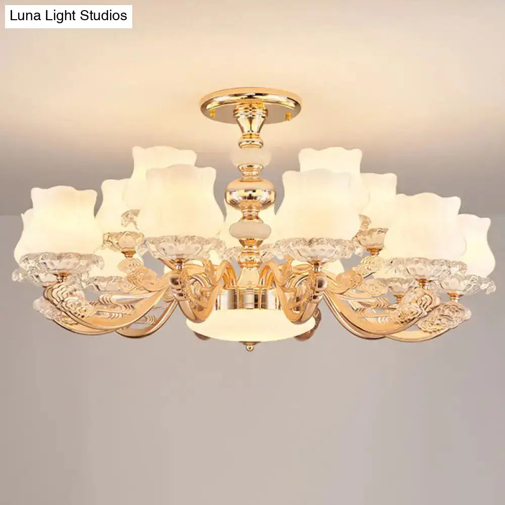 Gold Flower Semi-Mount Ceiling Light With Opal Glass Shade For Simple Living Room Elegance