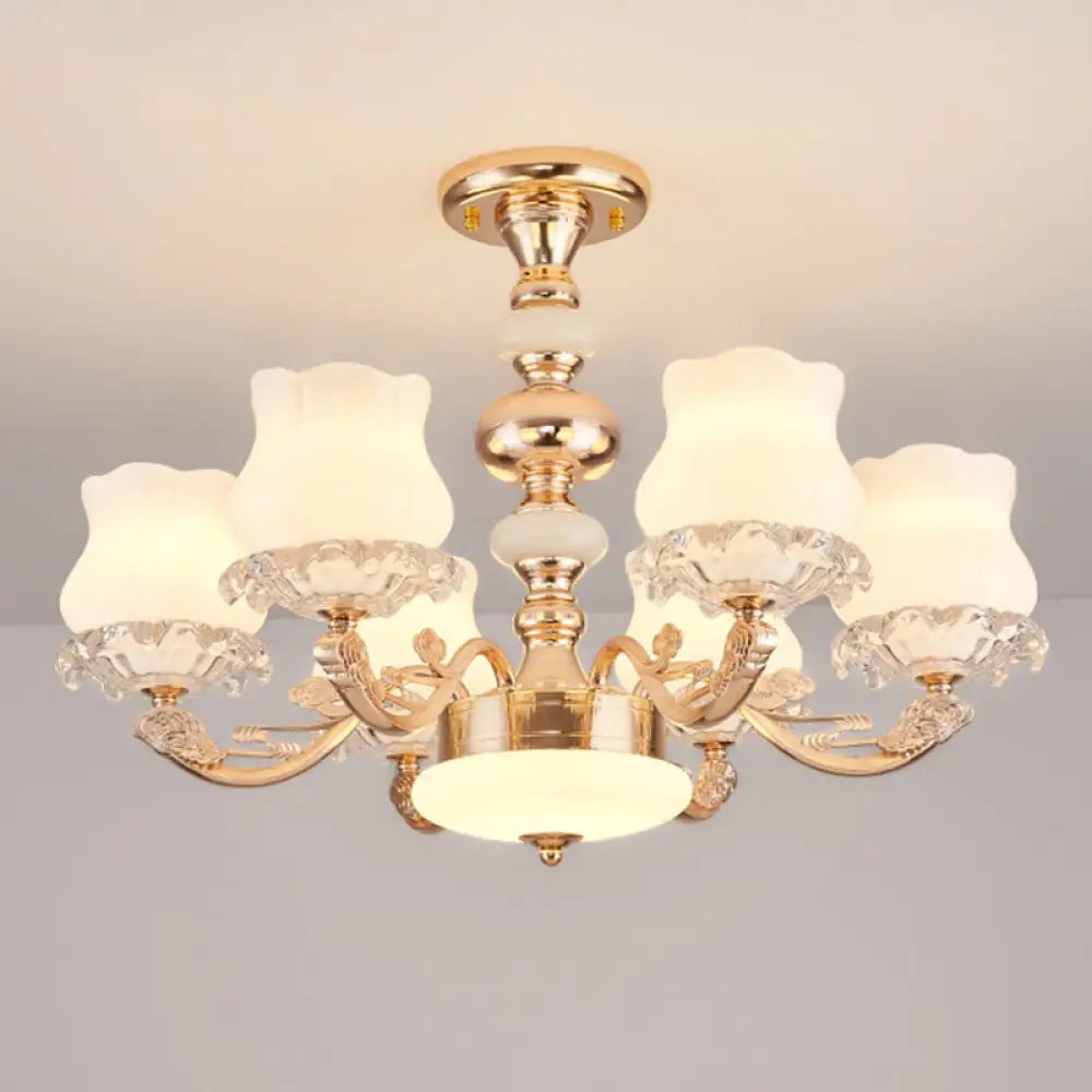 Gold Flower Semi - Mount Ceiling Light With Opal Glass Shade For Simple Living Room Elegance 6 /
