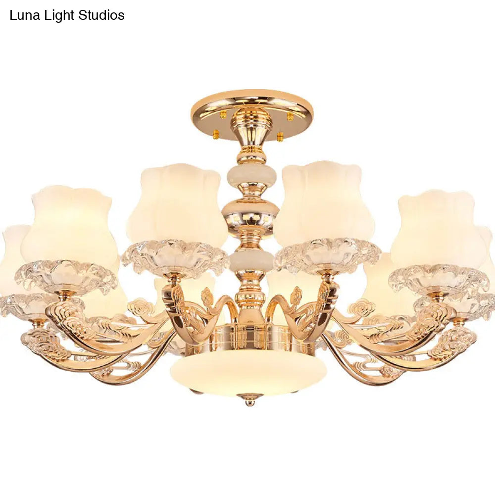 Gold Flower Semi - Mount Ceiling Light With Opal Glass Shade For Simple Living Room Elegance