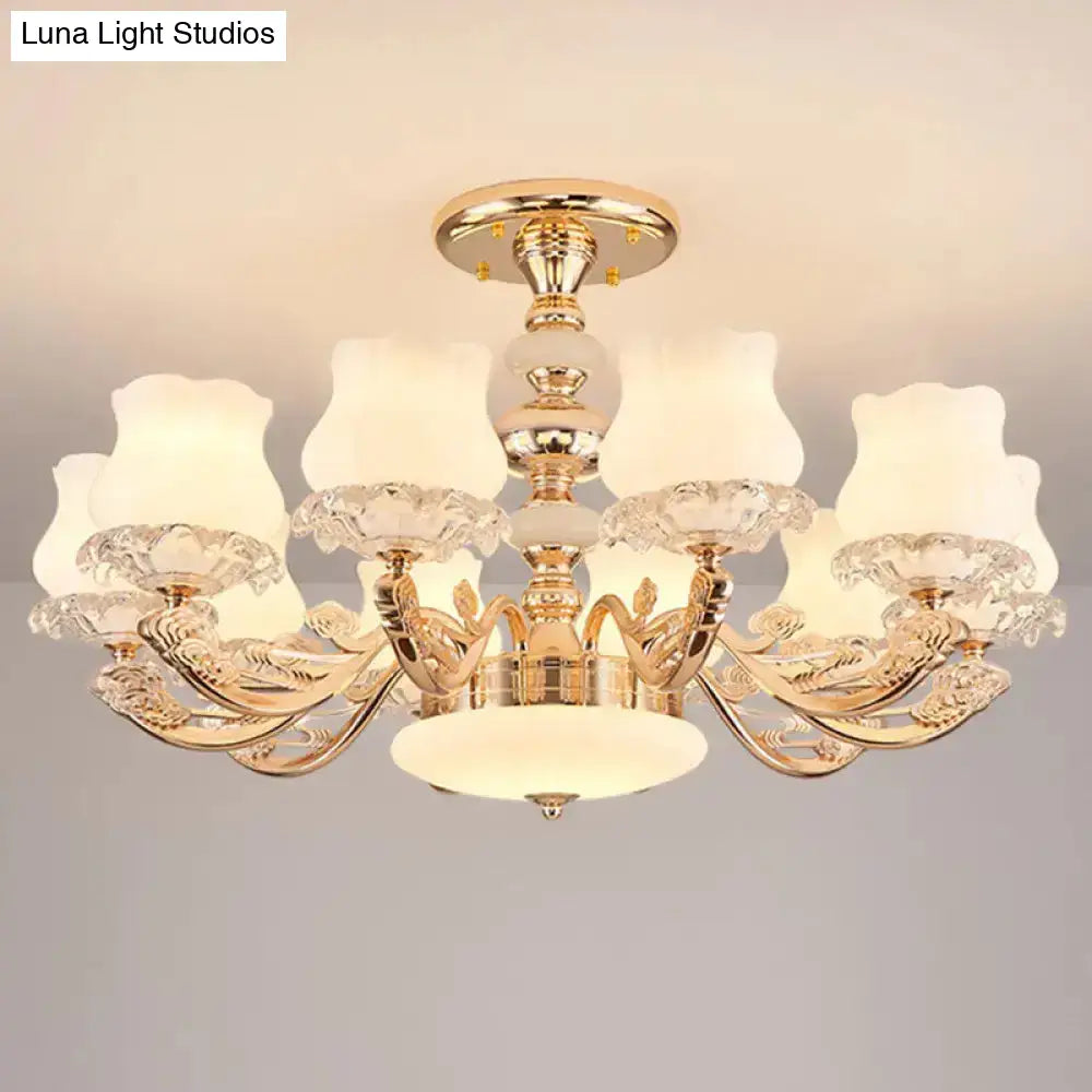 Gold Flower Semi-Mount Ceiling Light With Opal Glass Shade For Simple Living Room Elegance