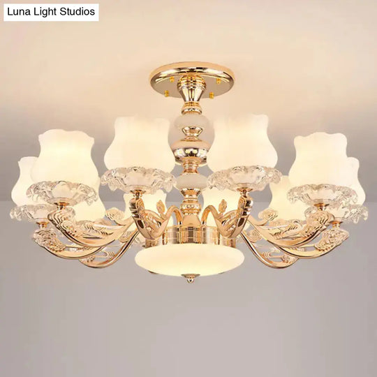 Gold Flower Semi-Mount Ceiling Light With Opal Glass Shade For Simple Living Room Elegance