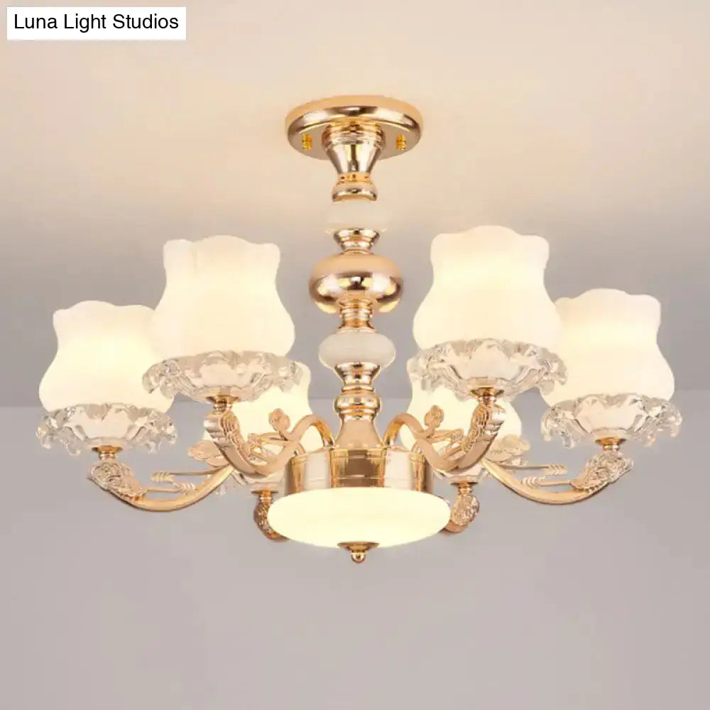 Gold Flower Semi-Mount Ceiling Light With Opal Glass Shade For Simple Living Room Elegance