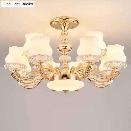 Gold Flower Semi-Mount Ceiling Light With Opal Glass Shade For Simple Living Room Elegance