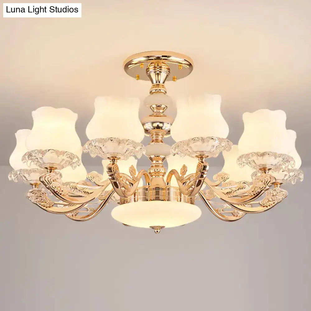 Gold Flower Semi-Mount Ceiling Light With Opal Glass Shade For Simple Living Room Elegance 10 /