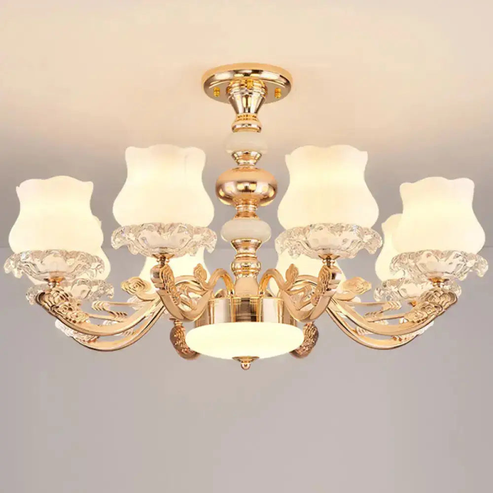 Gold Flower Semi-Mount Ceiling Light With Opal Glass Shade For Simple Living Room Elegance 8 /