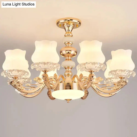 Gold Flower Semi-Mount Ceiling Light With Opal Glass Shade For Simple Living Room Elegance 8 /