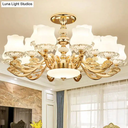 Gold Flower Semi-Mount Ceiling Light With Opal Glass Shade For Simple Living Room Elegance