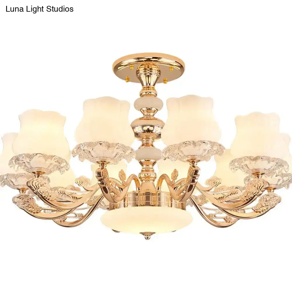 Gold Flower Semi-Mount Ceiling Light With Opal Glass Shade For Simple Living Room Elegance