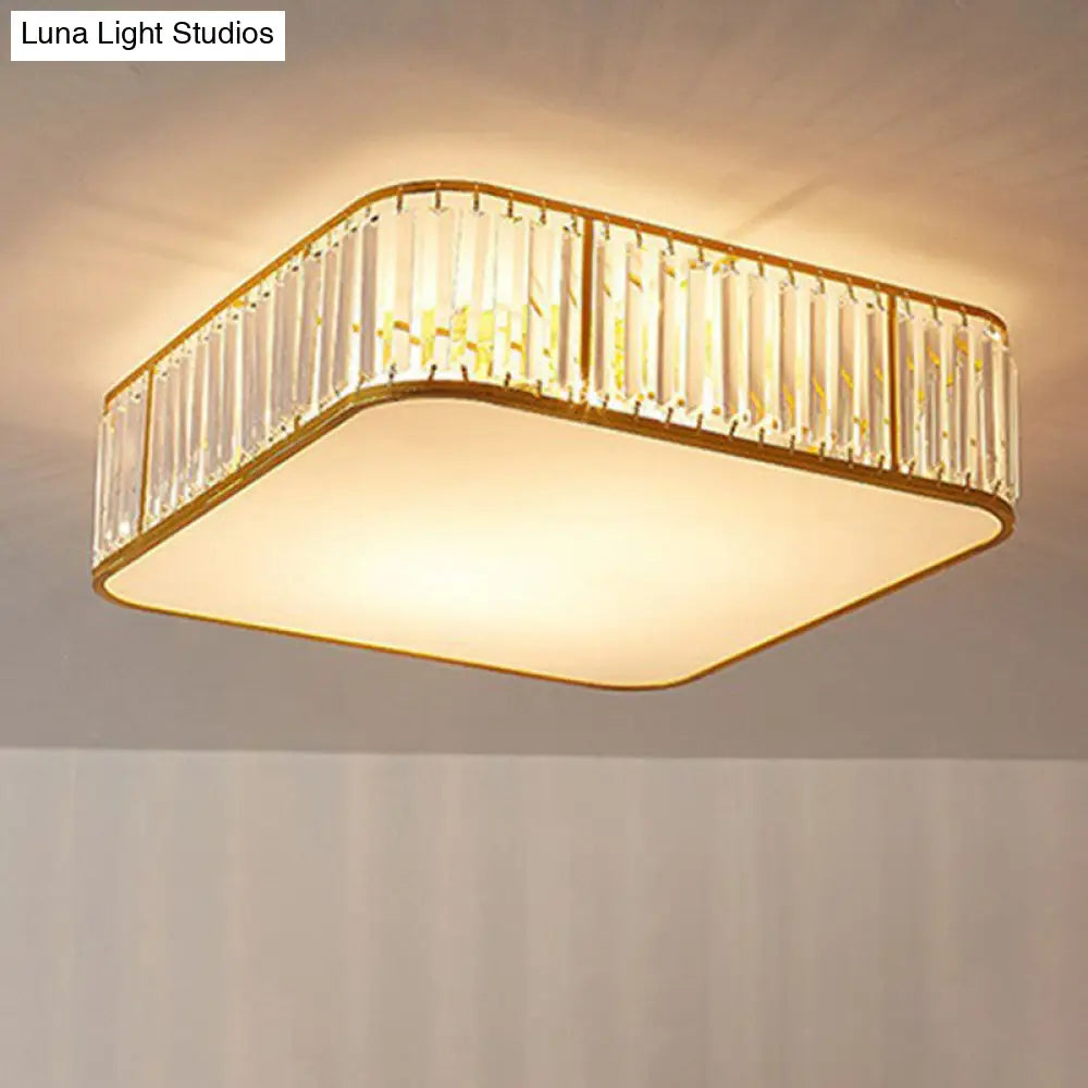 Gold Flush Mount Ceiling Lamp With Crystal Drum Shade For Modern Bedrooms