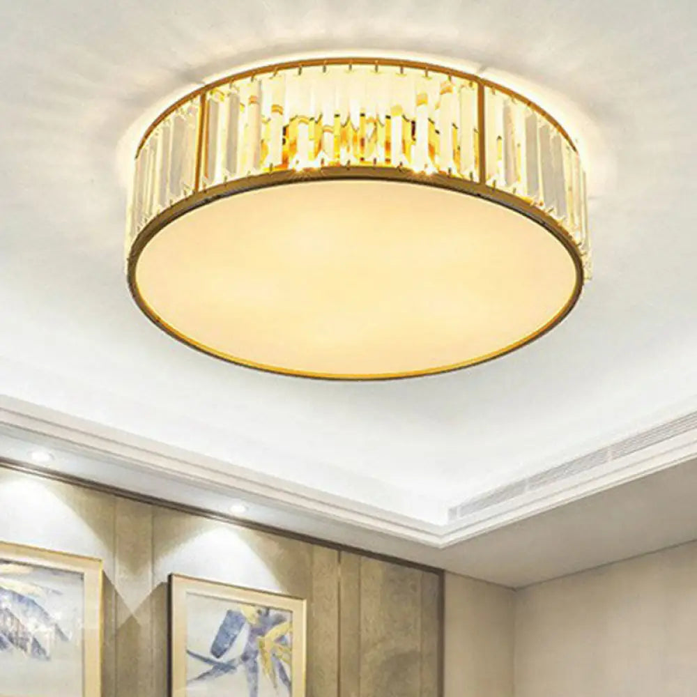 Gold Flush Mount Ceiling Lamp With Crystal Drum Shade For Modern Bedrooms / D