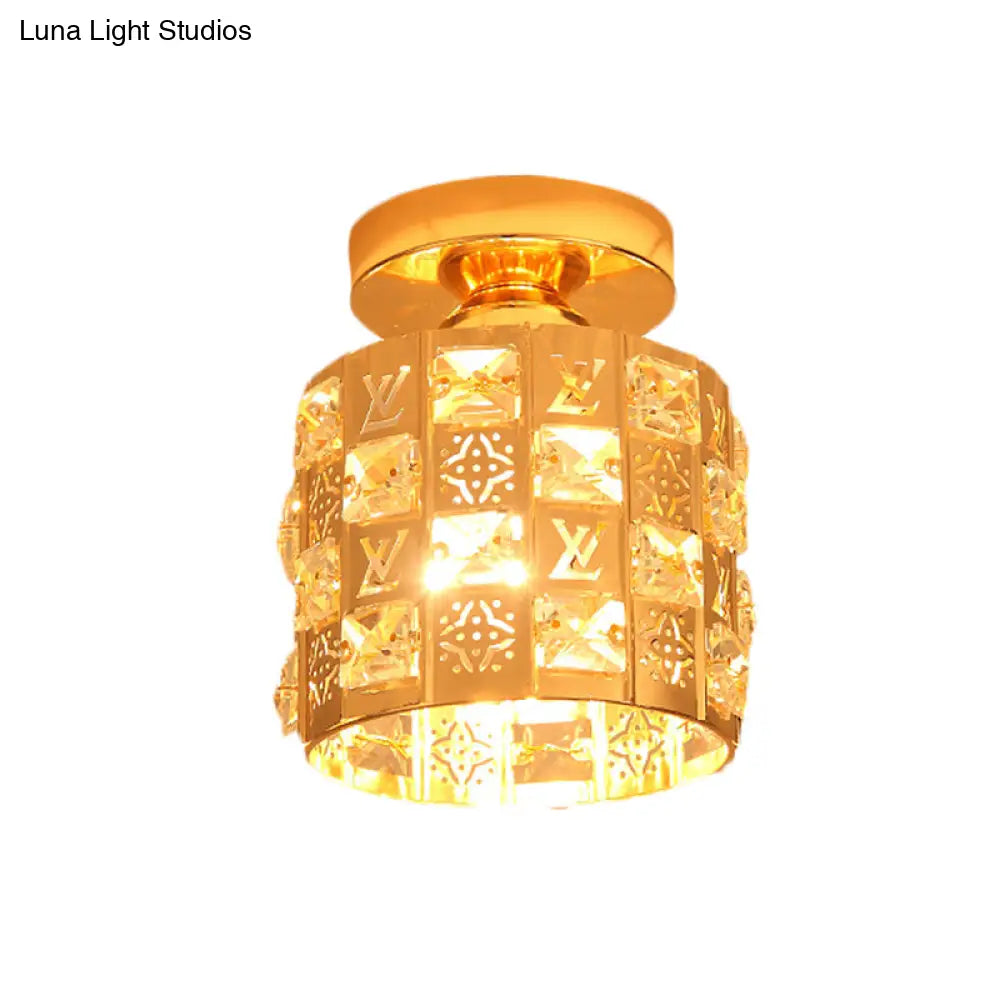 Gold Flush Mount Ceiling Lamp With Hand - Cut Crystal Spotlight