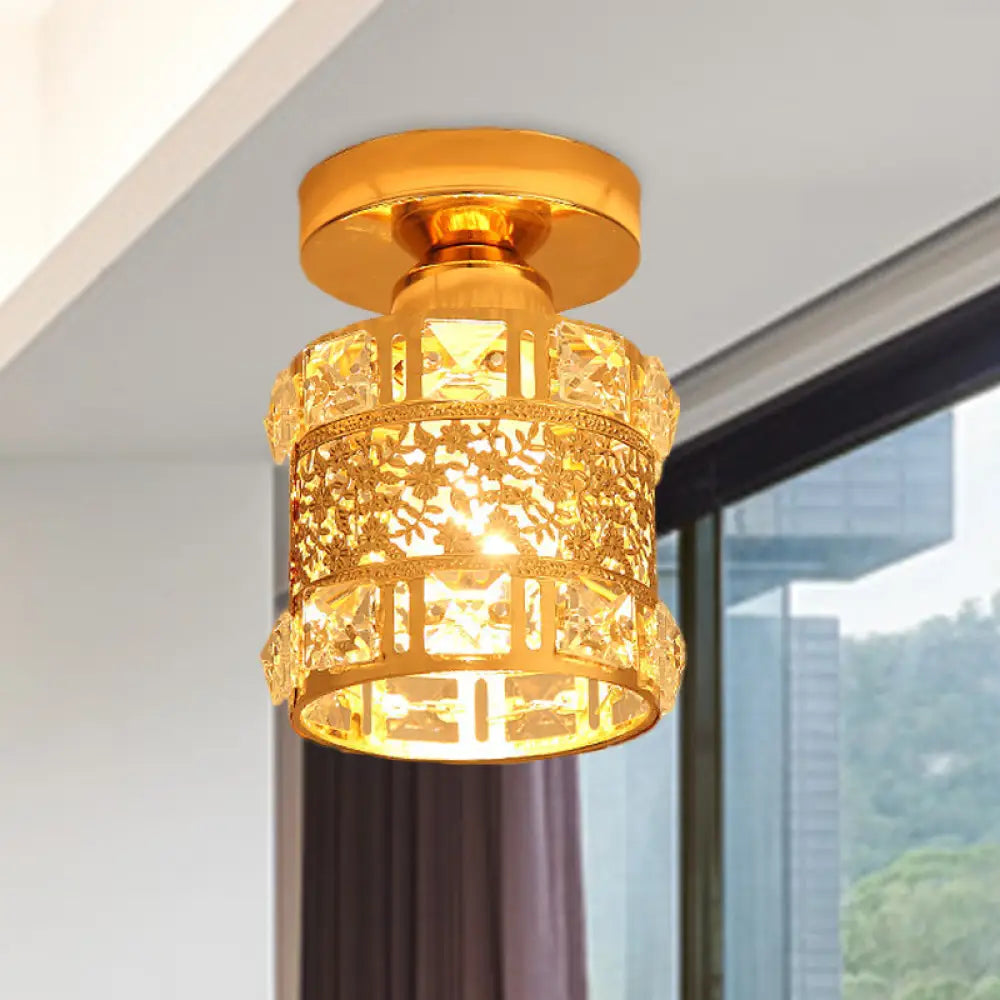 Gold Flush Mount Ceiling Light With Faceted Crystal - Minimalist Cylinder Design Single Bulb