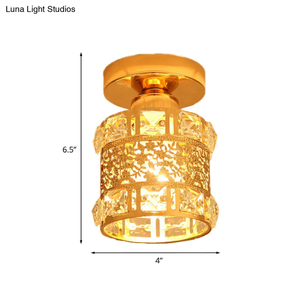 Gold Flush Mount Ceiling Light With Faceted Crystal - Minimalist Cylinder Design Single Bulb