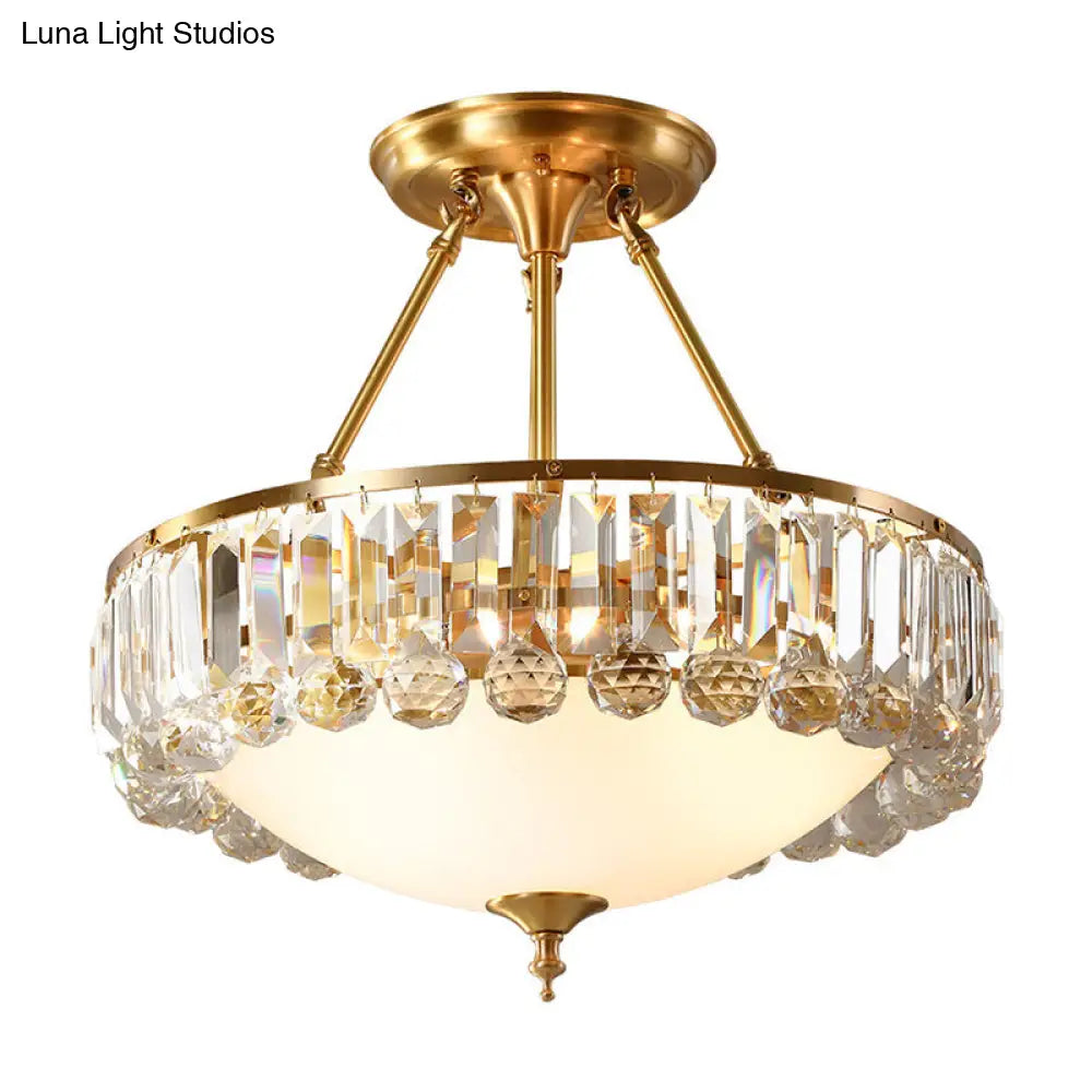 Gold Flush Mount Chandelier - Traditional Ivory Glass Bowl Ceiling Light With Crystal Decor 4 Lights