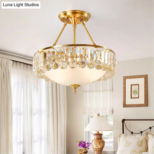 Gold Flush Mount Chandelier - Traditional Ivory Glass Bowl Ceiling Light With Crystal Decor 4 Lights