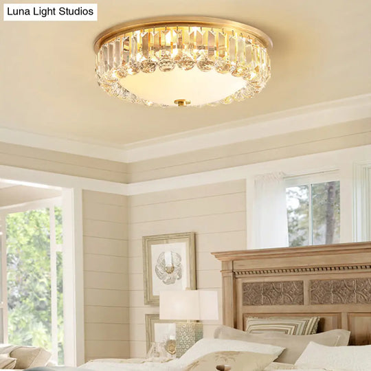 Gold Flush Mount Chandelier - Traditional Ivory Glass Bowl Ceiling Light With Crystal Decor 4 Lights