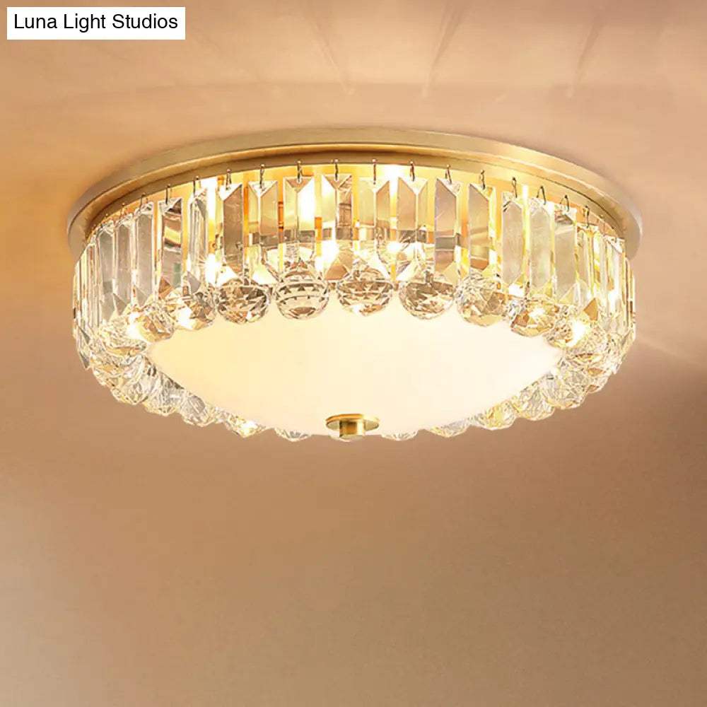 Gold Flush Mount Chandelier - Traditional Ivory Glass Bowl Ceiling Light With Crystal Decor 4 Lights