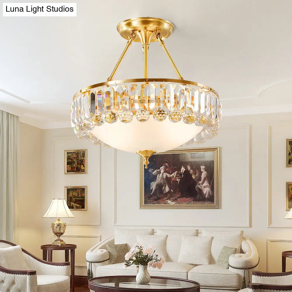 Gold Flush Mount Chandelier - Traditional Ivory Glass Bowl Ceiling Light With Crystal Decor 4 Lights