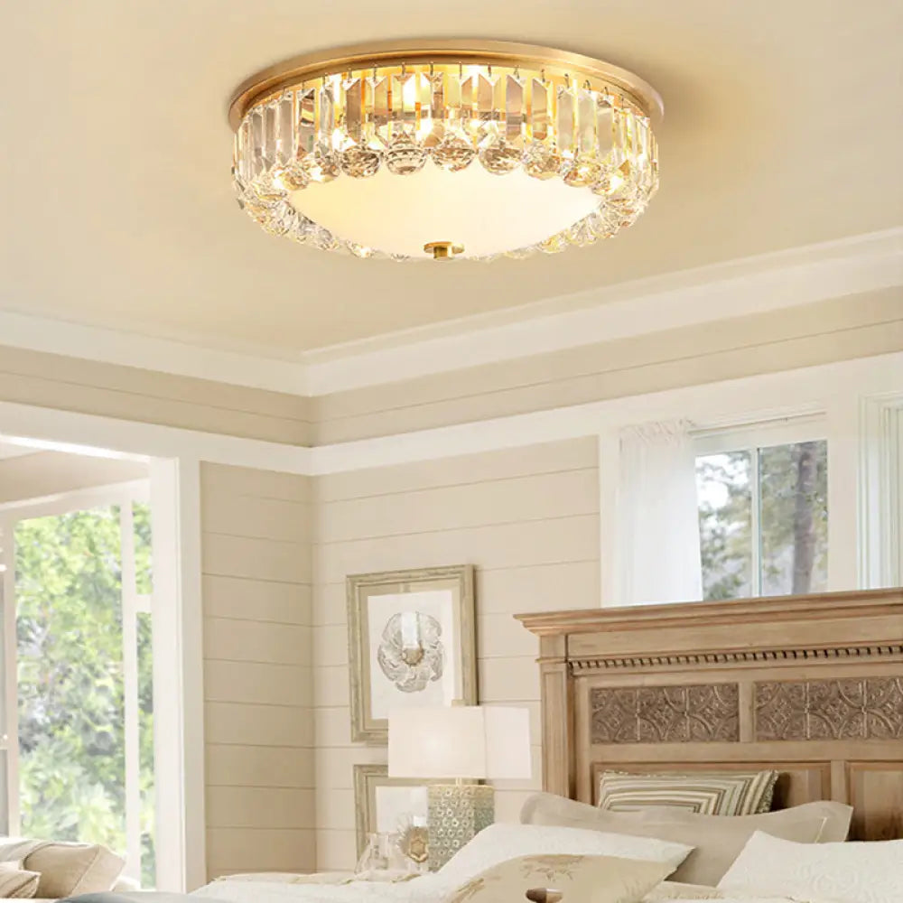 Gold Flush Mount Chandelier - Traditional Ivory Glass Bowl Ceiling Light With Crystal Decor 4