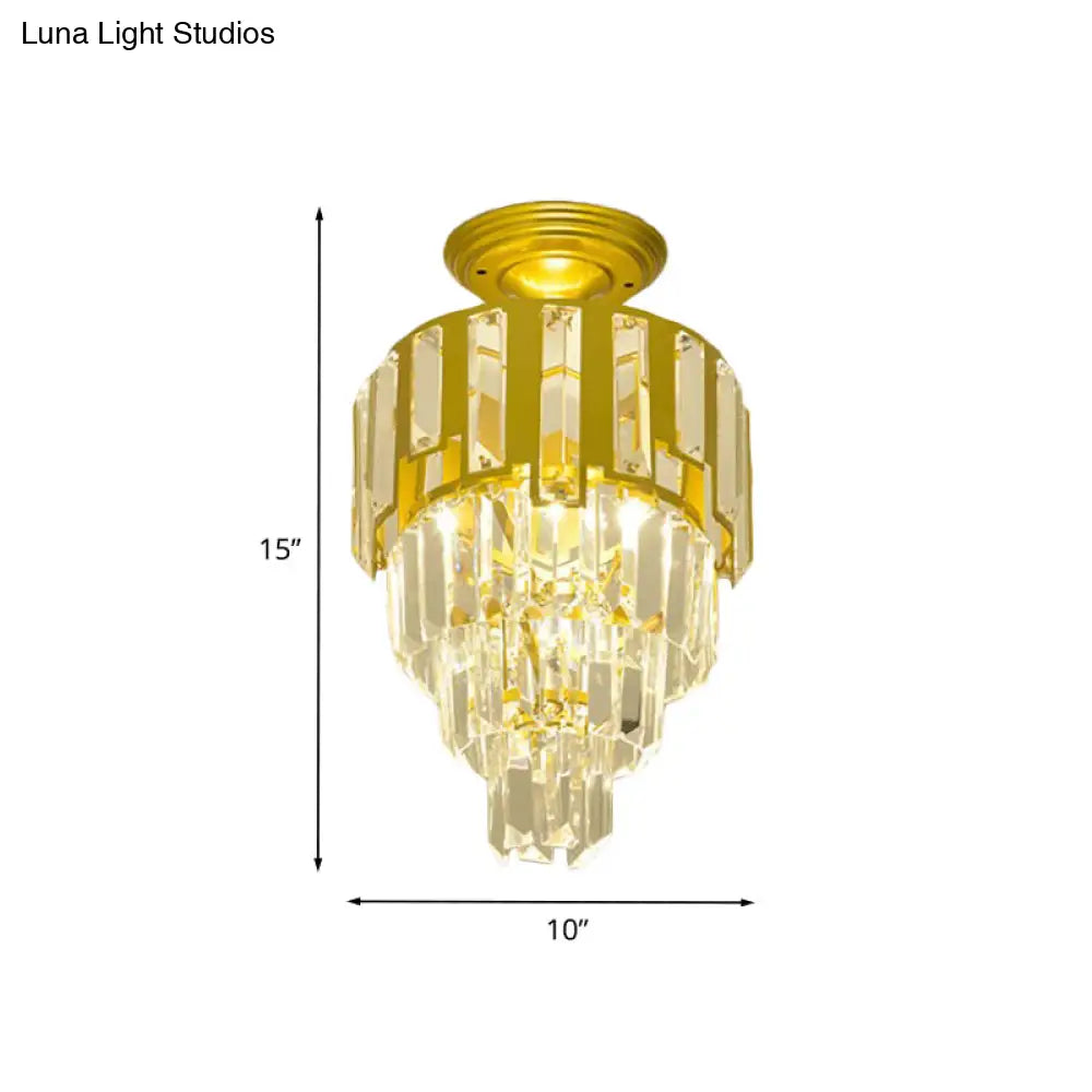 Gold Flush-Mount Crystal Rods Post-Modern Semi Flush Ceiling Light Fixture 4-Tier Taper Design