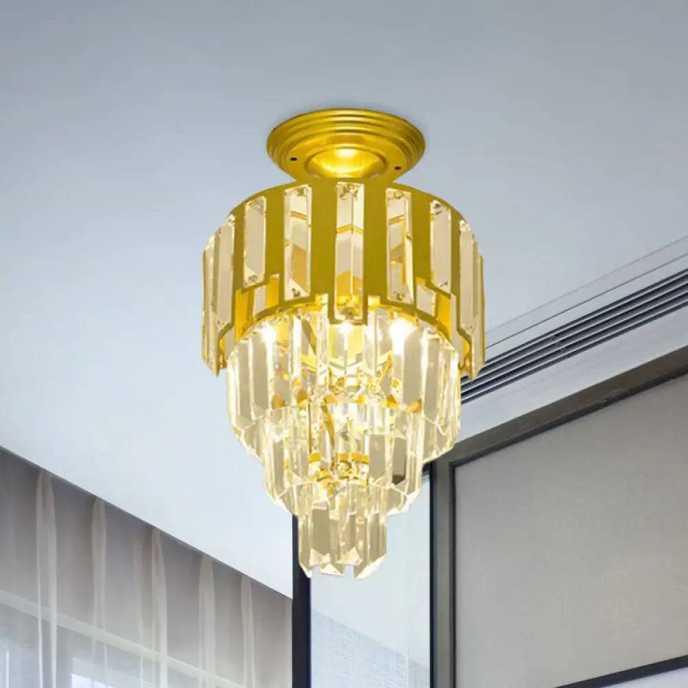 Gold Flush-Mount Crystal Rods Post-Modern Semi Flush Ceiling Light Fixture 4-Tier Taper Design