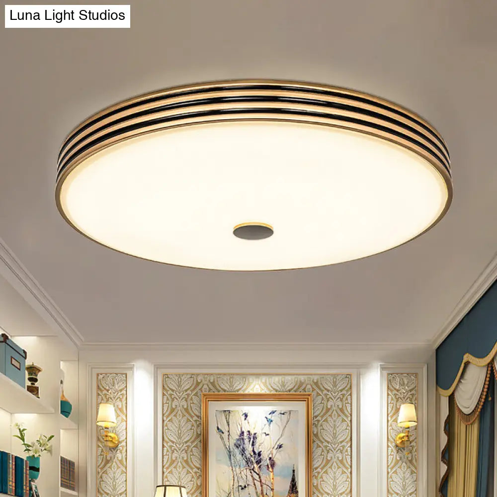 Gold Flush Traditional Led Bedroom Lamp - Cream Glass Drum Ceiling