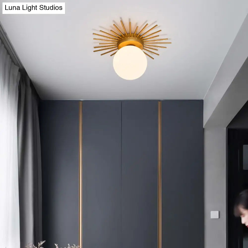 Gold Flushmount Bedroom Ceiling Light With Postmodern Single-Bulb & Cream Glass Shade
