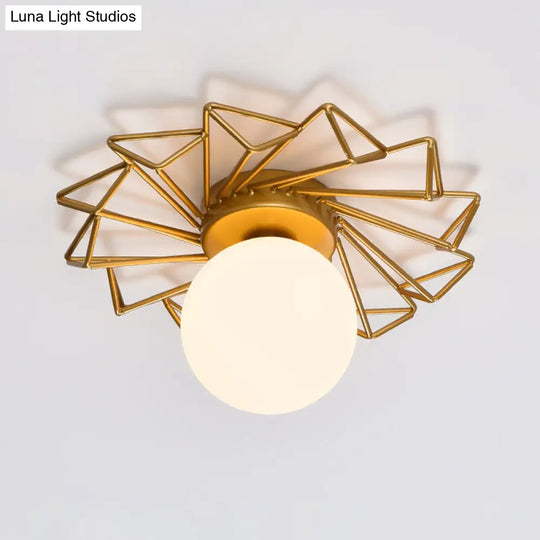 Gold Flushmount Bedroom Ceiling Light With Postmodern Single-Bulb & Cream Glass Shade