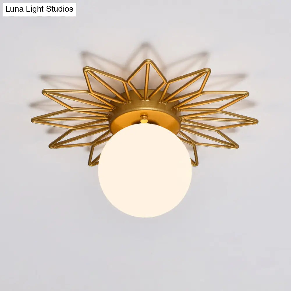 Gold Flushmount Bedroom Ceiling Light With Postmodern Single-Bulb & Cream Glass Shade / Flower