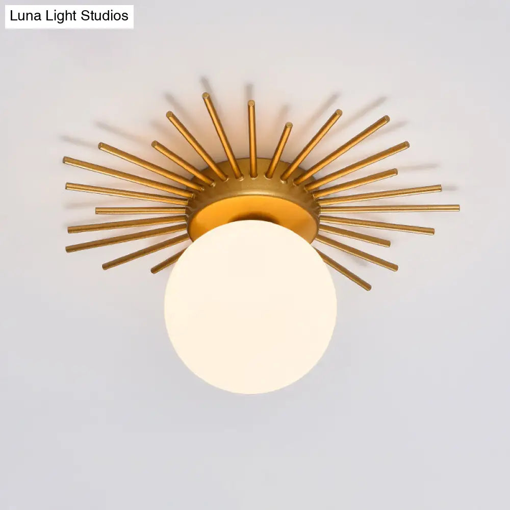 Gold Flushmount Bedroom Ceiling Light With Postmodern Single-Bulb & Cream Glass Shade / Straight