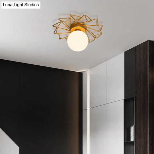 Gold Flushmount Bedroom Ceiling Light With Postmodern Single-Bulb & Cream Glass Shade