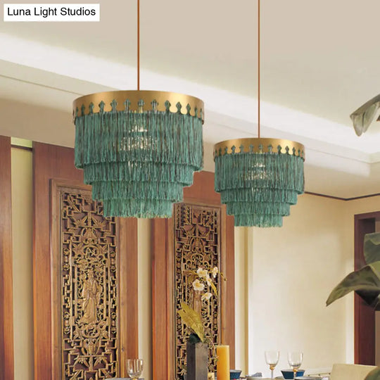 Gold Fringed Single-Bulb Living Room Pendant Light Fixture - Tiered Suspension Design