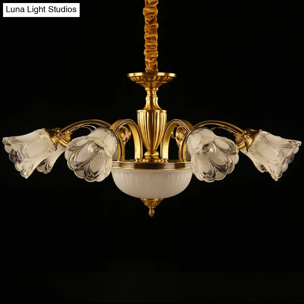 Gold Frosted Glass Flower Chandelier - Colonial Style Suspension Light