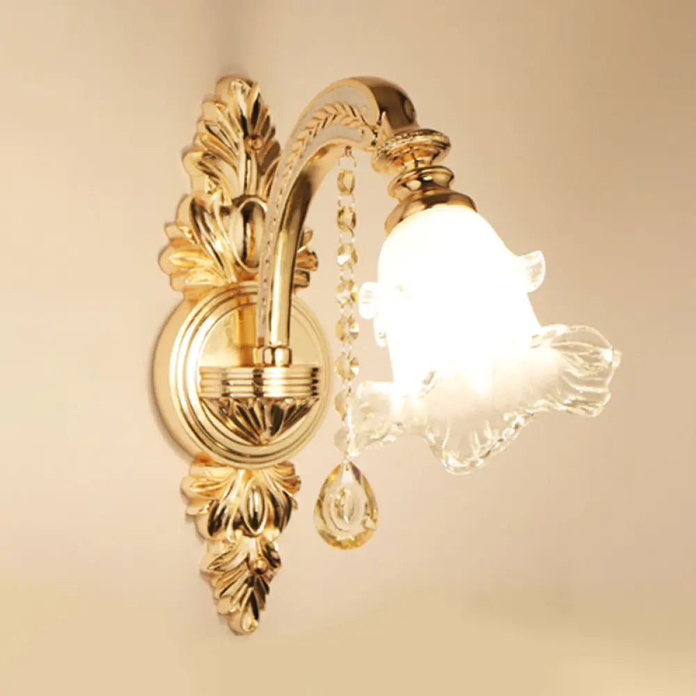 Gold Frosted Glass Flower Wall Mount Light With Crystal Draping - Traditional Corridor Fixture 1 / B