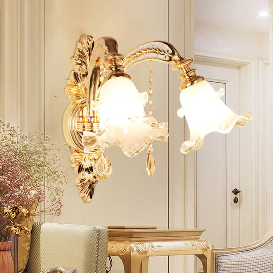 Gold Frosted Glass Flower Wall Mount Light With Crystal Draping - Traditional Corridor Fixture 2 / B