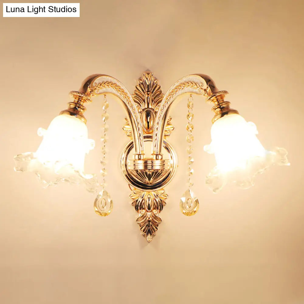 Gold Frosted Glass Flower Wall Mount Light With Crystal Draping - Traditional Corridor Fixture