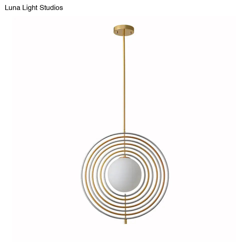 Modern Gold Frosted Glass Orbit Pendant Light With Concentric Rings - Dining Room Hanging